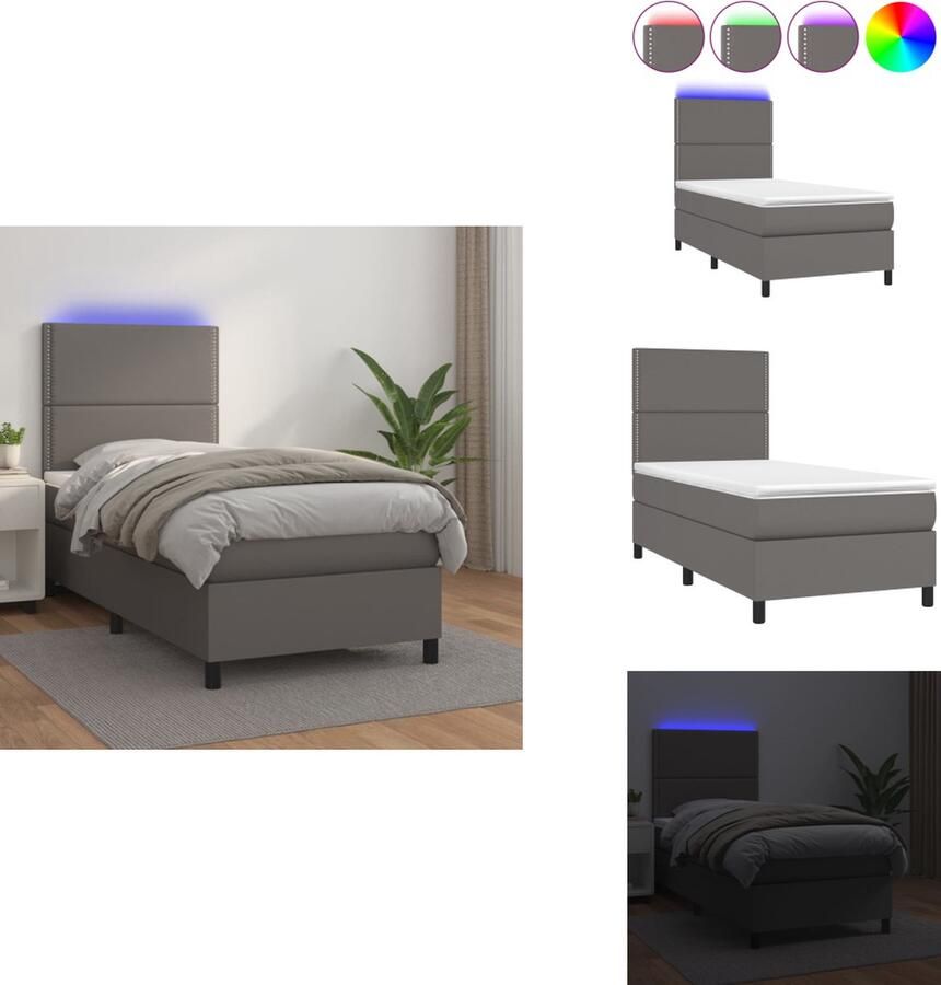 VidaXL Bed Boxspring Grijs 193x90x118 128 cm Kunstleer Verstelbaar hoofdbord Pocketvering matras Huidvriendelijk topmatras Kleurrijke LED-verlichting Bed