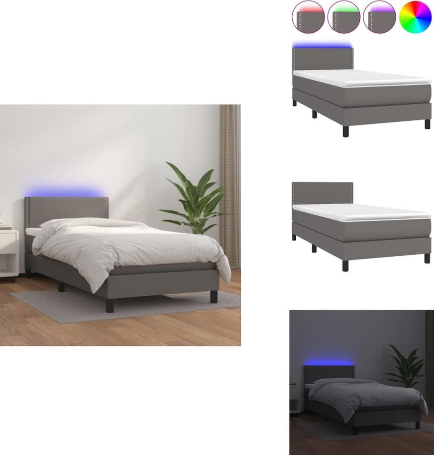 VidaXL Boxspring Kunstleren bedframe 203x90cm Met verstelbaar hoofdbord LED-verlichting en pocketvering matras Grijs Bed - Foto 3