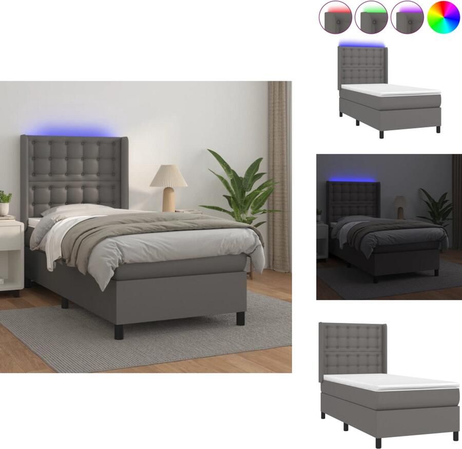 VidaXL Boxspring Kunstleren bedframe 203x90cm Met verstelbaar hoofdbord LED-verlichting en pocketvering matras Grijs Bed