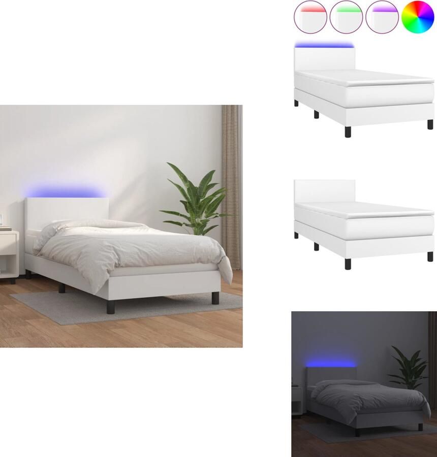 VidaXL Bed Boxspring 203 x 100 cm Duurzaam kunstleer Verstelbaar hoofdbord LED-verlichting Pocketvering matras Huidvriendelijk topmatras Wit Bed