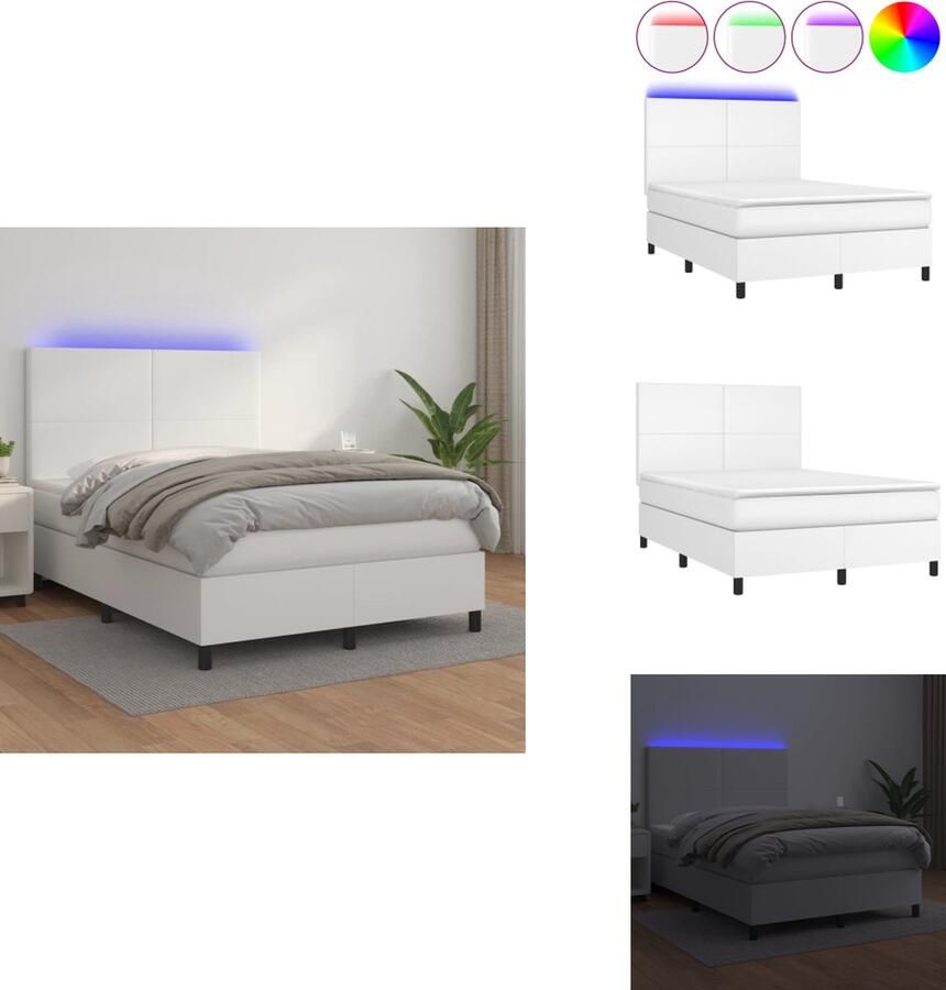 VidaXL Boxspring LED kunstleer verstelbaar hoofdbord pocketvering huidvriendelijk wit 203x144x118 128 cm 140x200x20 cm 140x200x5 cm LED-strips Bed