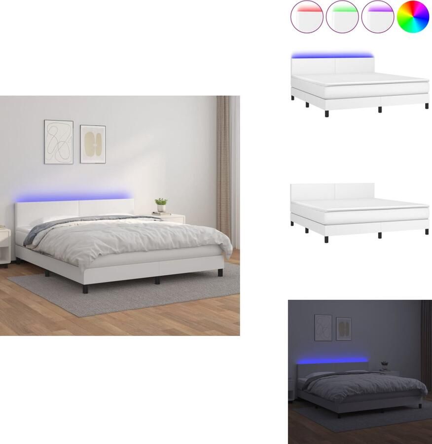 VidaXL Boxspring wit 203 x 180 x 78 88 cm LED Duurzaam kunstleer verstelbaar hoofdbord pocketvering matras huidvriendelijk topmatras incl montagehandleiding USB-aansluiting Bed