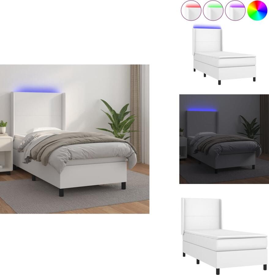 VidaXL Boxspring Bed 203 x 93 x 118 128 cm LED Duurzaam kunstleer Verstelbaar hoofdbord Pocketveringmatras Huidvriendelijk topmatras Wit 90 x 200 cm Met LED-strip Bed