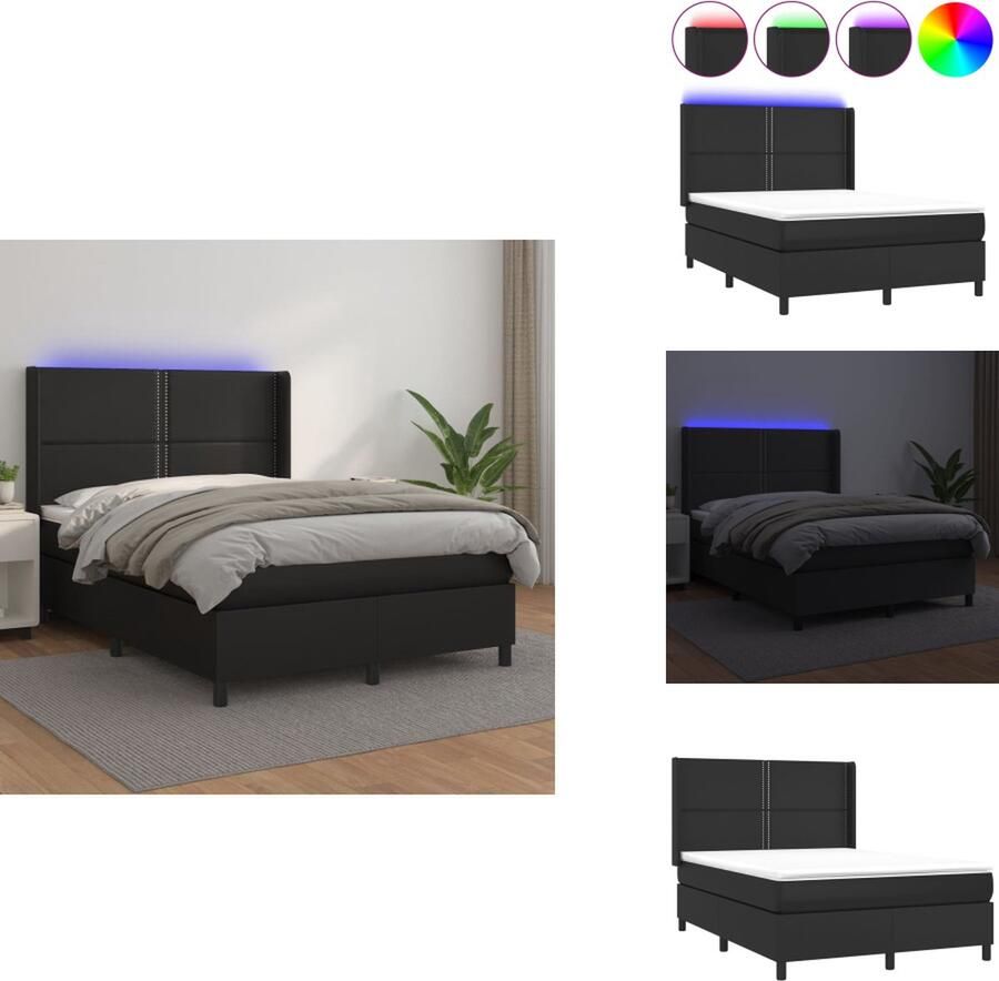 VidaXL Boxspring Bed Kunstleer 203x144 cm Verstelbaar hoofdbord LED-verlichting Pocketvering matras Huidvriendelijke topmatras Zwart 150 cm LED-strip Bed