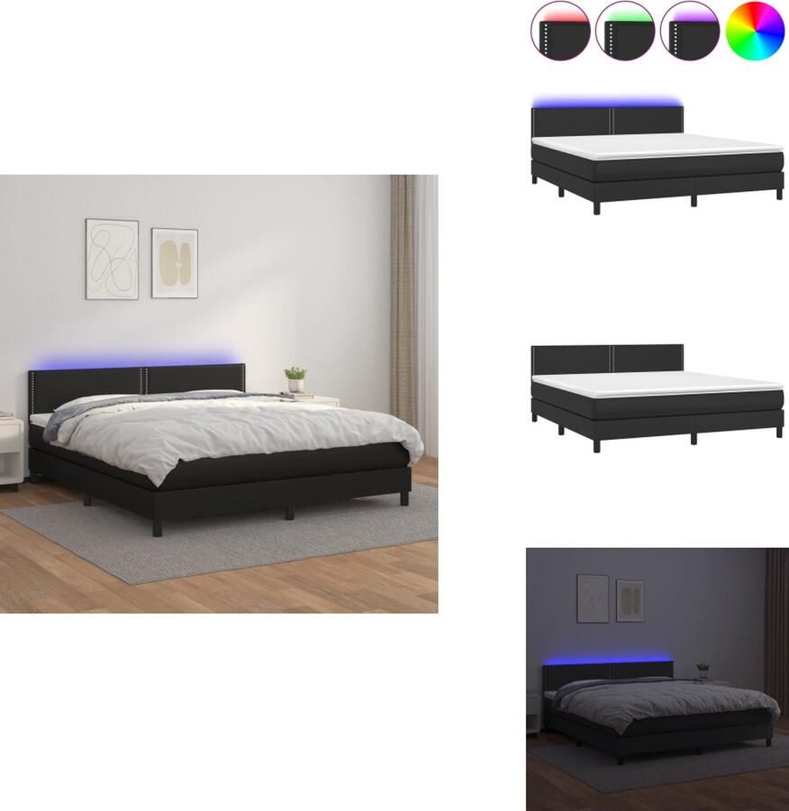 VidaXL Bed LED Boxspring 160x200 Zwart Duurzaam kunstleer Verstelbaar hoofdbord Pocketvering matras Huidvriendelijke topmatras Kleurrijke LED-verlichting Bed