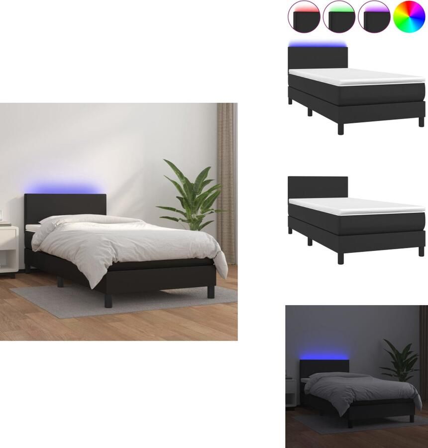 VidaXL Boxspring LED Kunstleer Verstelbaar hoofdbord Pocketvering Huidvriendelijk Zwart 193x90x78 88cm Bed