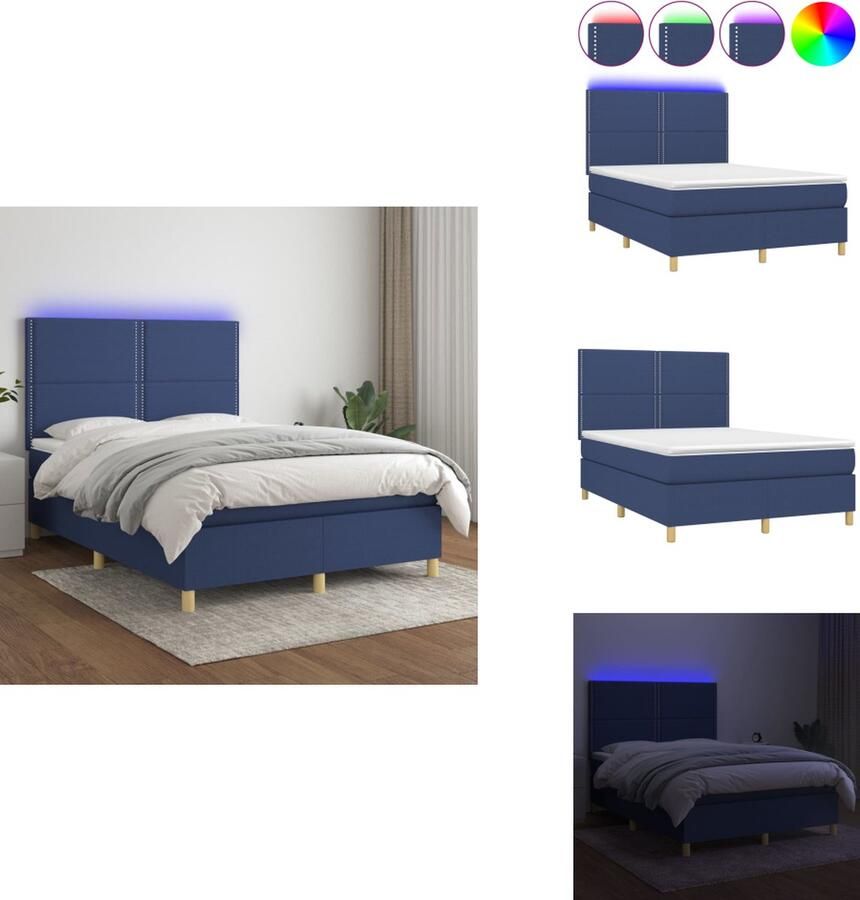 VidaXL Boxspring Bed LED 140 x 190 Blauw Duurzaam Materiaal Verstelbaar Hoofdbord Comfortabele Ondersteuning Kleurrijke LED-verlichting Pocketvering Matras Huidvriendelijk Topmatras Incl Montagehandleiding Bed