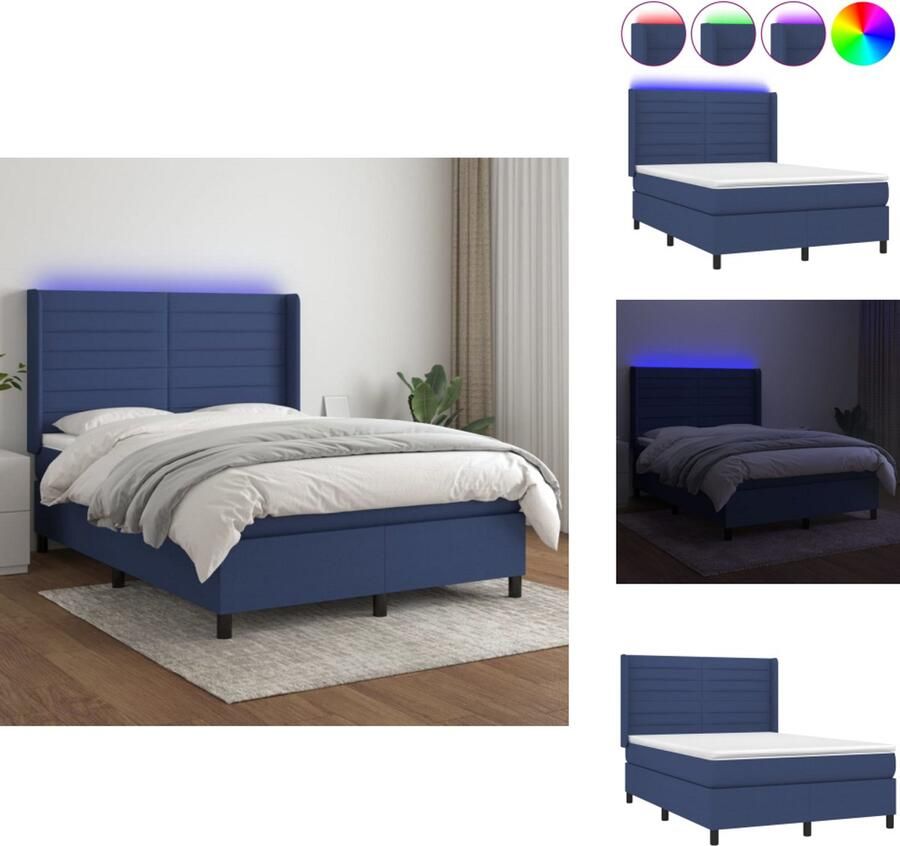 VidaXL Boxspring LED 140x190 Blauw Comfort en Duurzaamheid Verstelbaar hoofdbord Kleurrijke LED-verlichting Pocketvering matras Huidvriendelijk topmatras Montagehandleiding inbegrepen USB-aansluiting Bed - Foto 3
