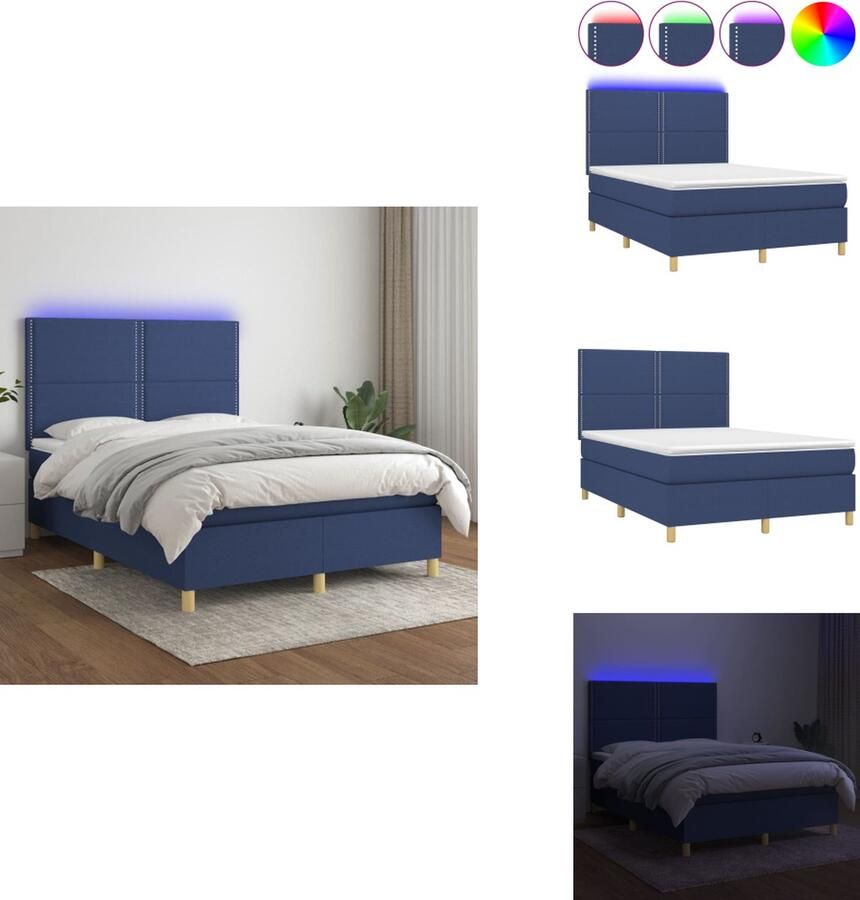 VidaXL Boxspring Blauw 203x144x118 128 cm Met LED en Pocketvering Matras Verstelbaar Hoofdbord Bed