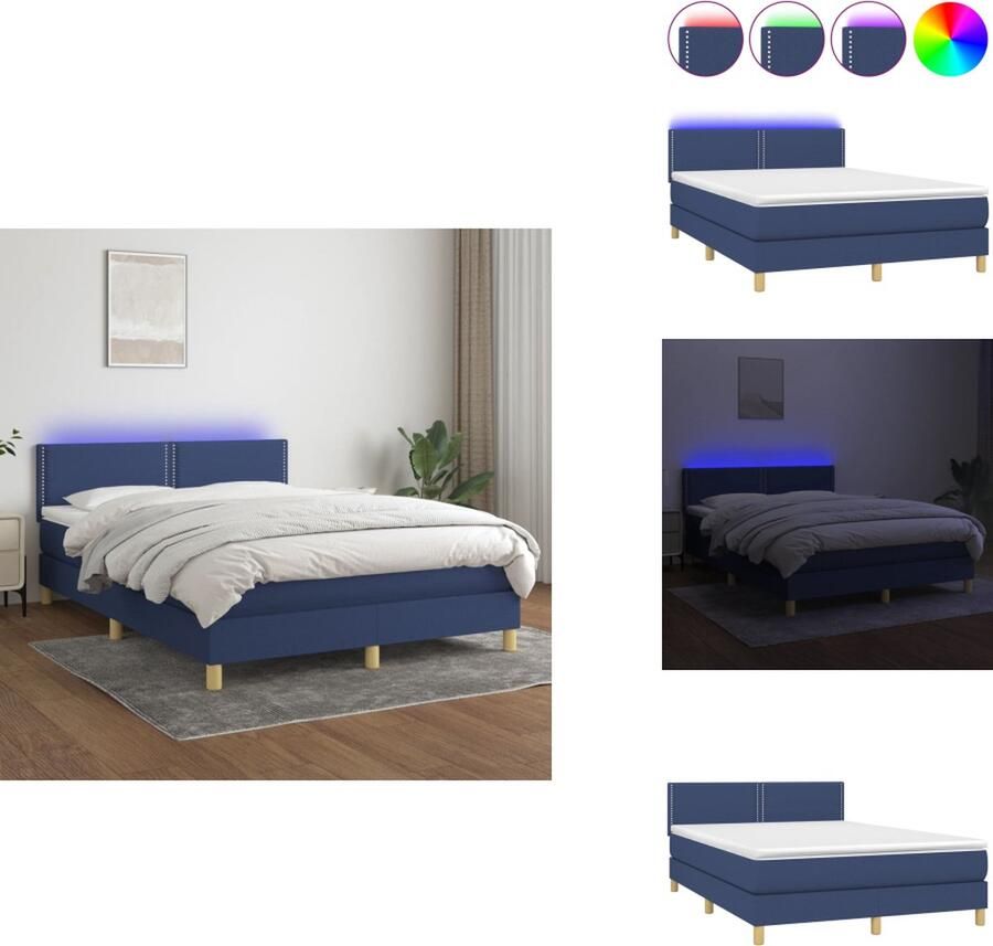 VidaXL Boxspring Blauw Stoffen Bed 203x144x78 88 cm Met Verstelbaar Hoofdbord en Kleurrijke LED-verlichting Pocketvering Matras Huidvriendelijk Topmatras Bed