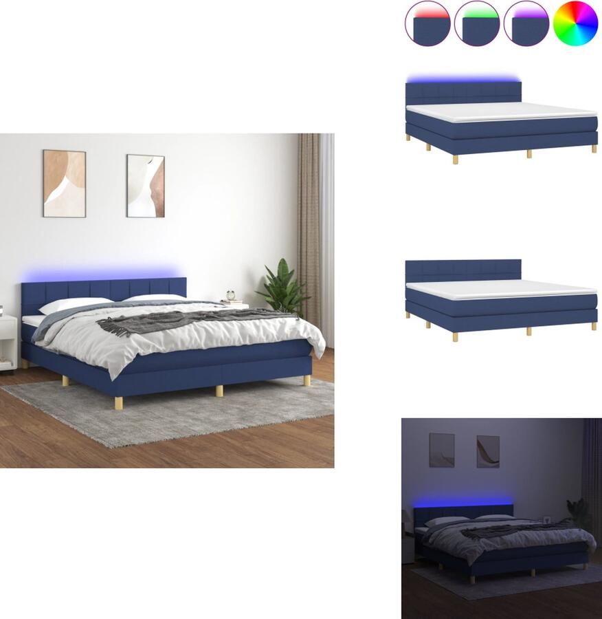 VidaXL Boxspring LED Blauw 180x200 Pocketvering matras Huidvriendelijk topmatras Kleurrijke LED-verlichting Duurzaam materiaal Bed