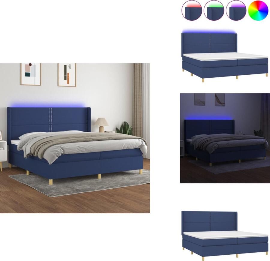 VidaXL Boxspring Bed Blauw 203 x 203 x 118 128 cm Verstelbaar hoofdbord Pocketvering matrassen Huidvriendelijk topmatras Kleurrijke LED-verlichting USB-aansluiting Bed