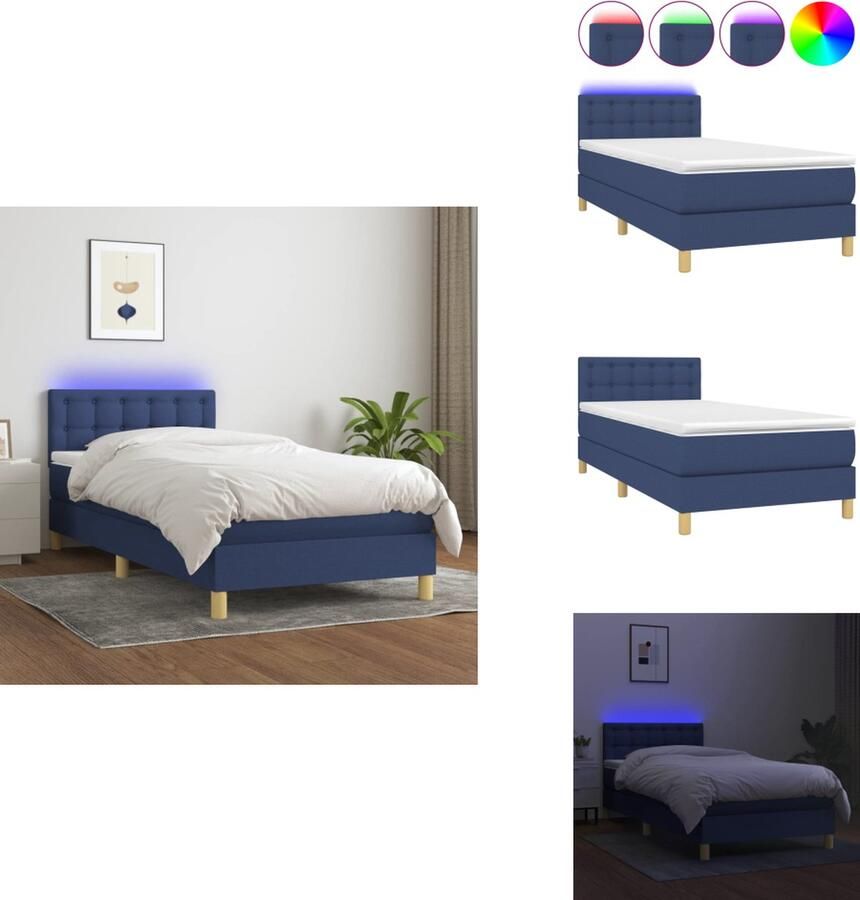 VidaXL Boxspring LED 203 x 80 x 78 88 cm Blauw stof Hoofdbord verstelbaar Pocketvering matras Huidvriendelijk topmatras Bed
