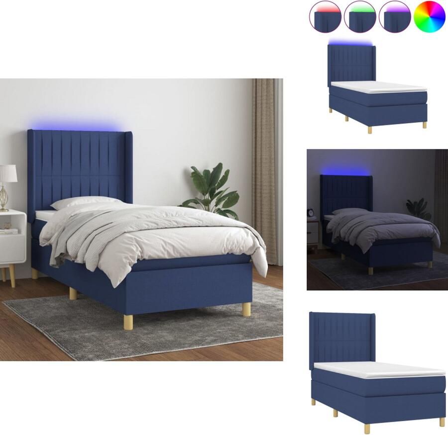 VidaXL Boxspring Bed Blauw 203 x 80 x 118 128 cm Verstelbaar hoofdbord Kleurrijke LED-verlichting Pocketvering matras Huidvriendelijk topmatras Inclusief montagehandleiding Bed