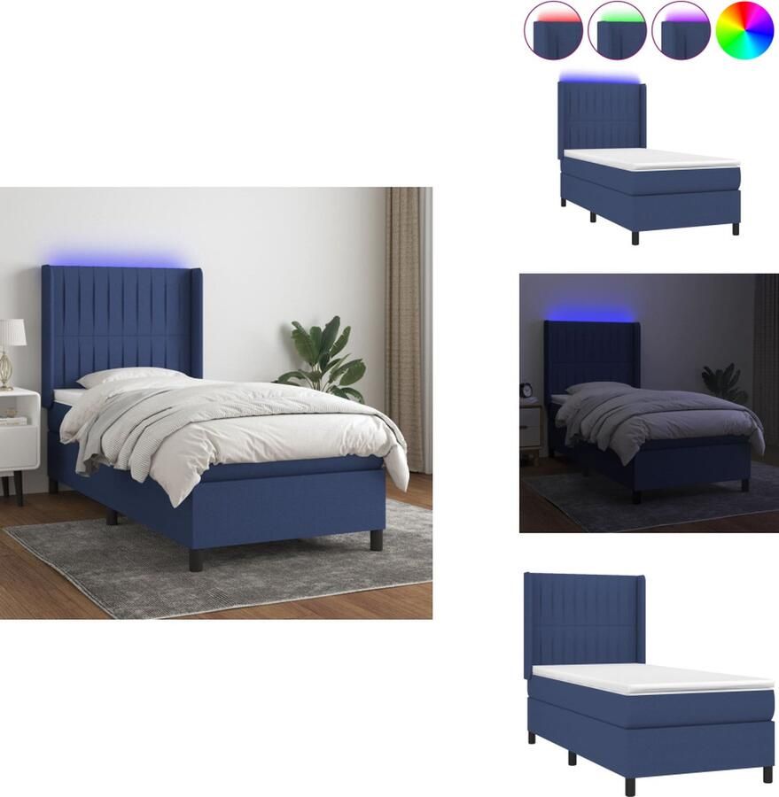 VidaXL Boxspring Bed Blauw 193 x 93 x 118 128 cm Met LED en Pocketvering Matras Huidvriendelijk Topmatras Inclusief Montagehandleiding Bed
