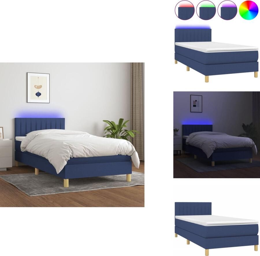 VidaXL Boxspring Blauw 203 x 90 x 78 88 cm Verstelbaar hoofdbord LED-verlichting Pocketvering matras Huidvriendelijk topmatras Inclusief montagehandleiding USB-aansluiting Bed