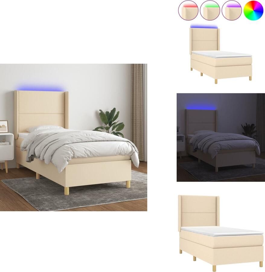 VidaXL Boxspring Bed Crème 203 x 103 x 118 128 cm Verstelbaar hoofdbord Kleurrijke LED-verlichting Pocketvering matras Huidvriendelijk topmatras Inclusief montagehandleiding en LED-strip Bed