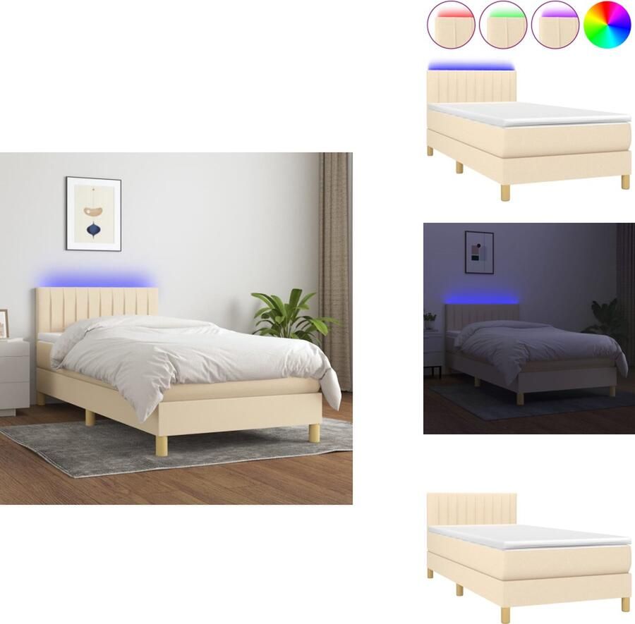 VidaXL Boxspring Bed Crème 203 x 100 x 78 88 cm Verstelbaar hoofdbord Pocketvering matras Huidvriendelijk topmatras Kleurrijke LED-verlichting Bed