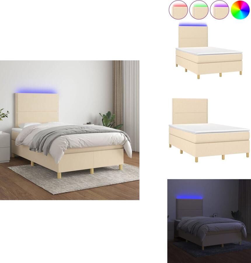 VidaXL Boxspring Crème LED 120x200 Duurzaam Verstelbaar hoofdbord Kleurrijke LED-verlichting Pocketvering matras Huidvriendelijk topmatras Montagehandleiding Bed - Foto 1
