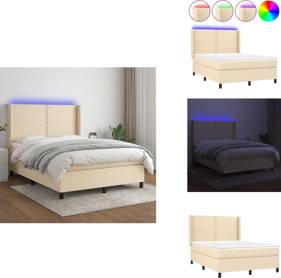 VidaXL Boxspring Bed Crème 203 x 147 x 118 128 cm Verstelbaar hoofdbord Kleurrijke LED-verlichting Pocketvering matras Huidvriendelijk topmatras Inclusief montagehandleiding USB-aansluiting 5V USB-adapter niet inbegrepen Bed