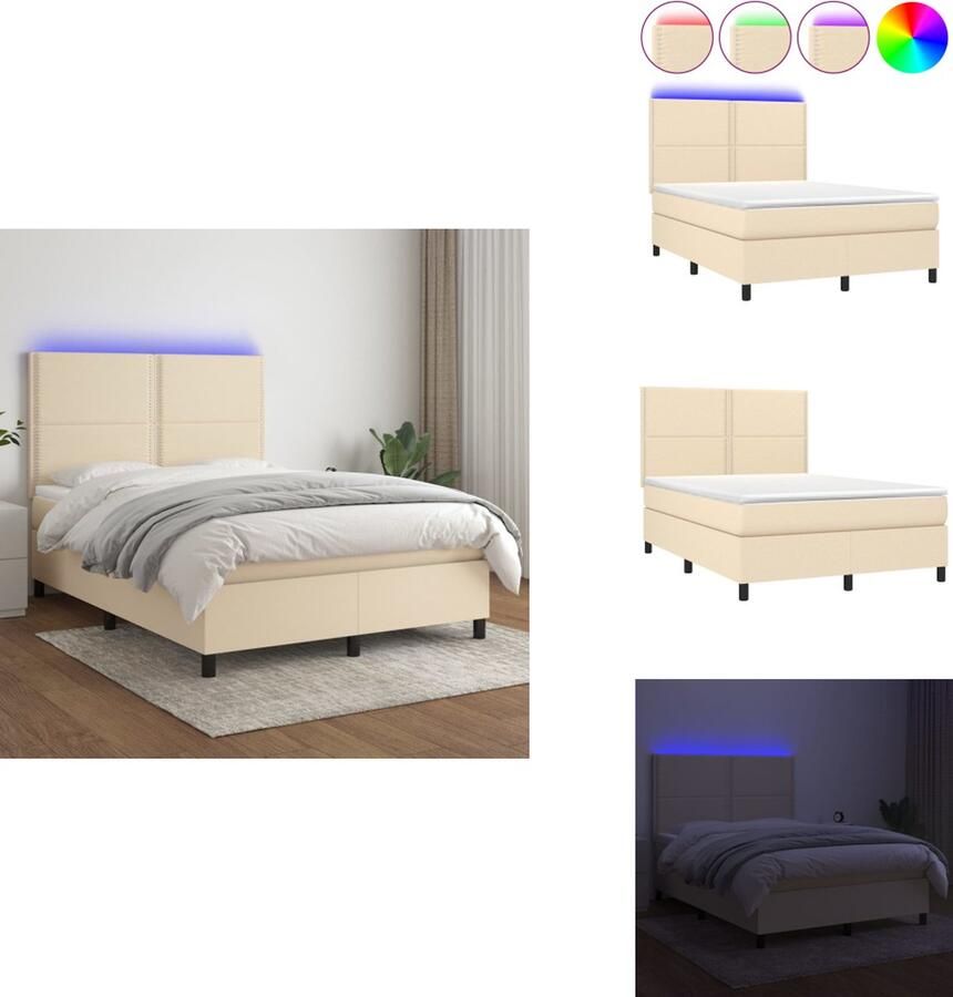 VidaXL Boxspring Crème 203 x 144 x 118 128 cm Verstelbaar hoofdbord Kleurrijke LED-verlichting Pocketvering matras Huidvriendelijk topmatras Inclusief montagehandleiding USB-aansluiting Geen adapter Bed - Foto 2