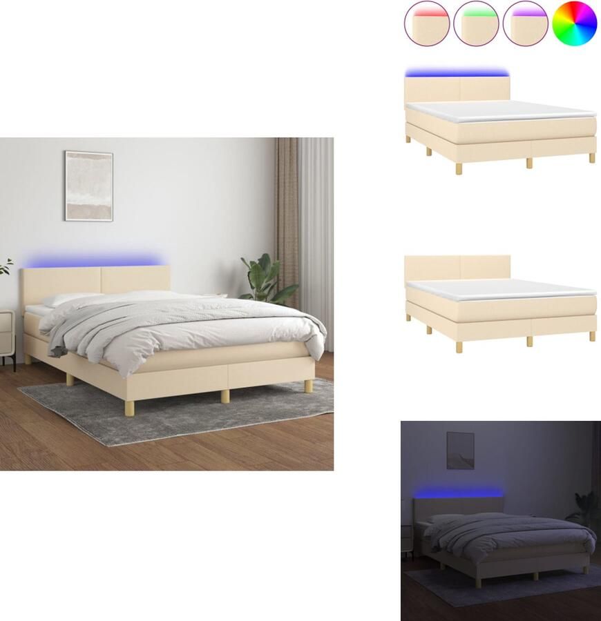VidaXL Boxspring Bed Crème 203 x 144 x 78 88 cm Verstelbaar hoofdbord LED-verlichting Pocketvering matras Huidvriendelijk topmatras Montagehandleiding inbegrepen USB-aansluiting Bed - Foto 1
