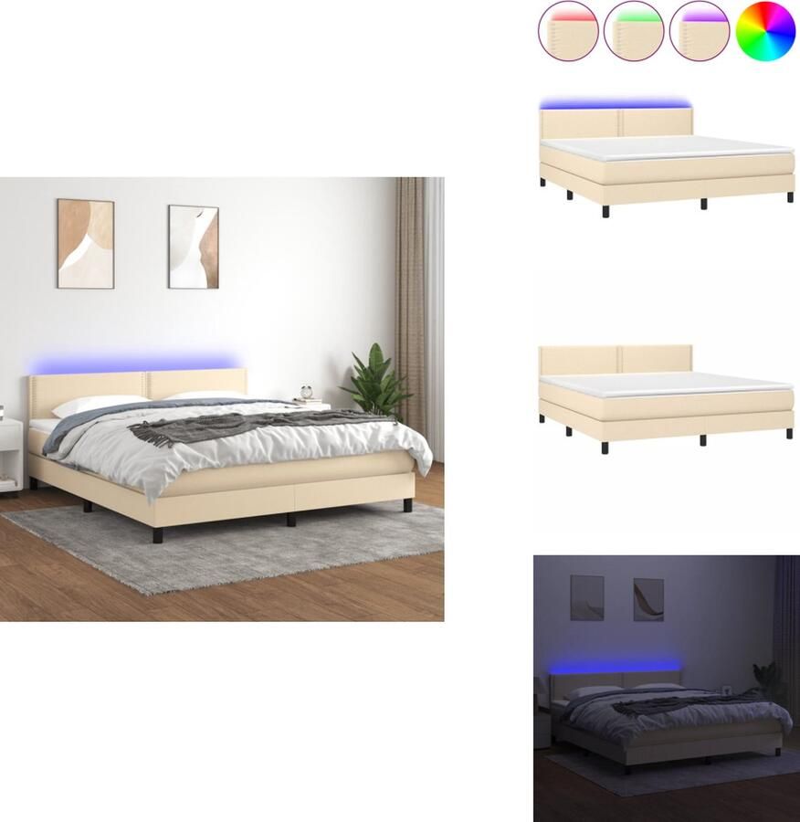 VidaXL Boxspring Bed Crème 203 x 180 x 78 88 cm Verstelbaar hoofdbord Kleurrijke LED-verlichting Pocketvering matras Huidvriendelijk topmatras Inclusief montagehandleiding Bed