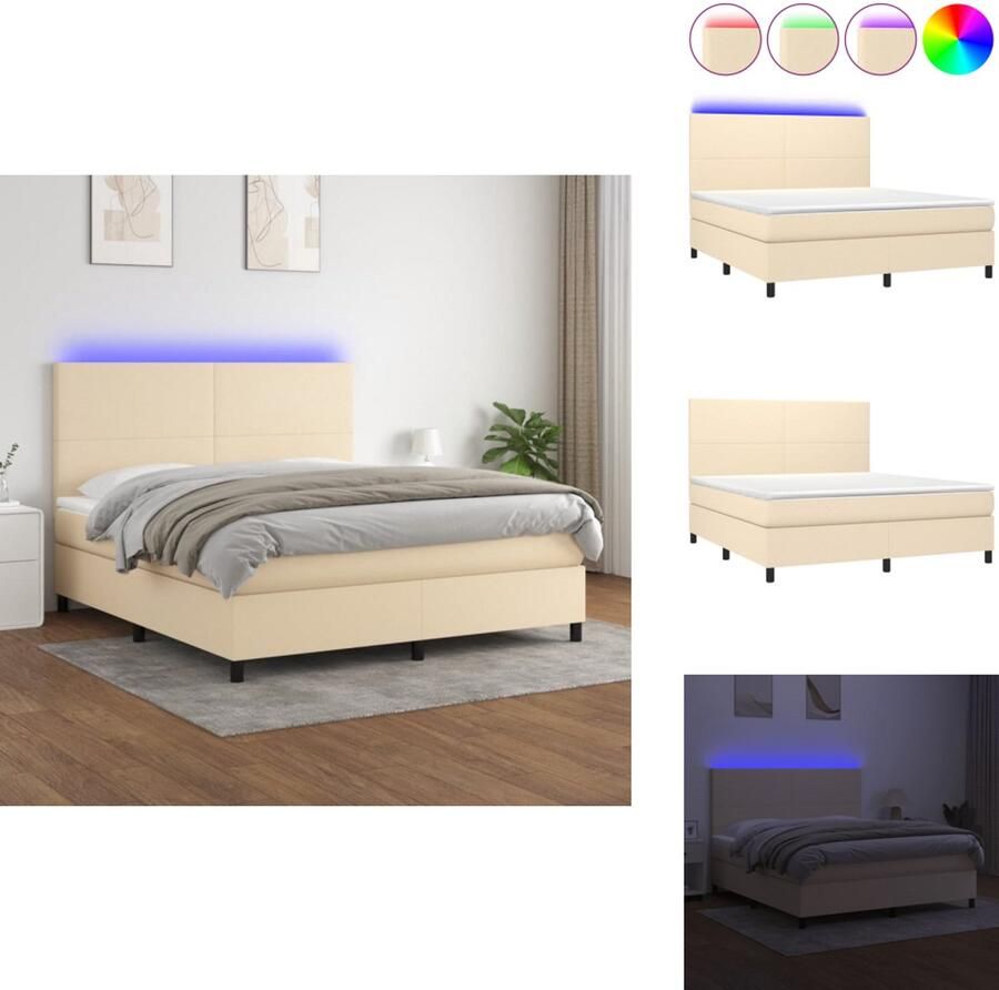 VidaXL Boxspring Crème 203 x 180 x 118 128 cm Verstelbaar hoofdbord LED-verlichting Pocketvering matras Huidvriendelijk topmatras Inclusief montagehandleiding Bed