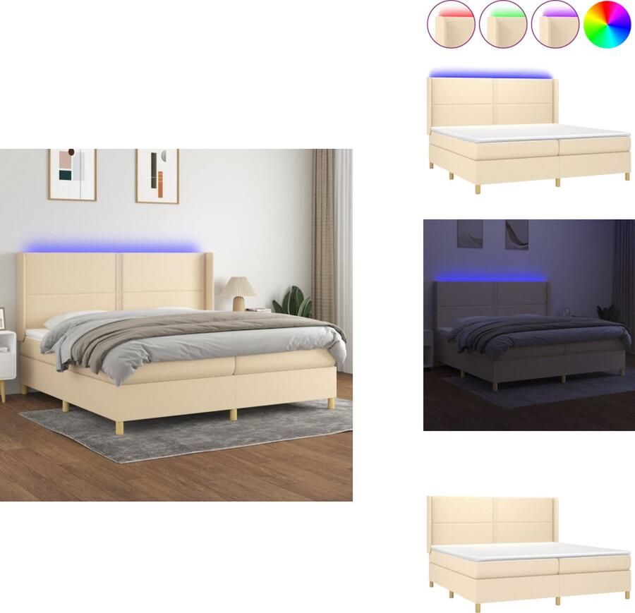 VidaXL Boxspring Bed Crème 203x203x118 128 cm Verstelbaar hoofdbord Kleurrijke LED-verlichting Pocketvering matras Huidvriendelijk topmatras Inclusief 2 matrassen en 2 LED-strips Bed