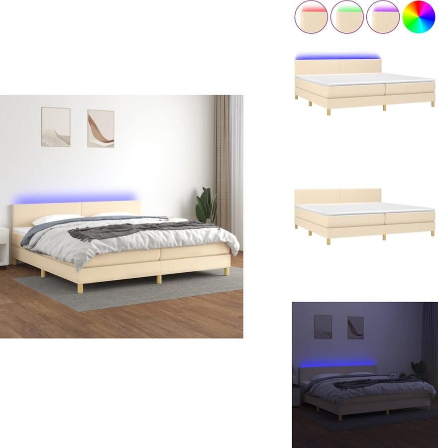 VidaXL Boxspring Bed Crème 203 x 200 x 118 128 cm Verstelbaar hoofdbord Kleurrijke LED-verlichting Pocketvering matras Huidvriendelijk topmatras 1 bedframe 1 hoofdeind 2 matrassen 1 topmatras 2 LED-strips Bed