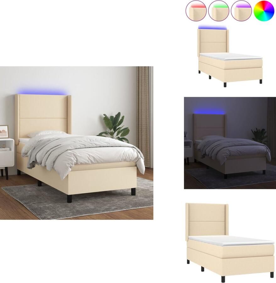VidaXL Boxspring Crème 203 x 80 x 118 128 cm Verstelbaar hoofdbord Kleurrijke LED-verlichting Pocketvering matras Huidvriendelijk topmatras Inclusief montagehandleiding USB-aansluiting Bed - Foto 2