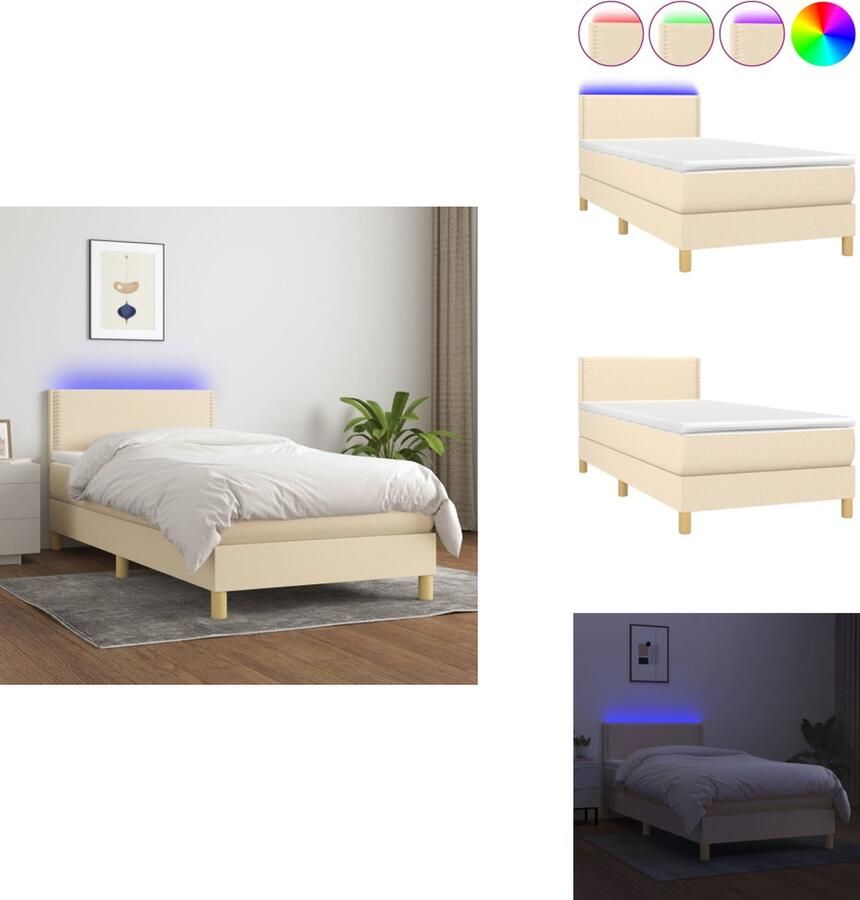 VidaXL Boxspring 90x200 crème stof verstelbaar hoofdbord met LED-licht pocketvering matras huidvriendelijk topmatras inclusief montagehandleiding en USB-aansluiting Bed