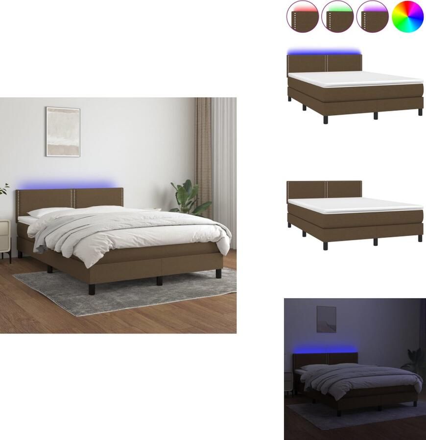 VidaXL Boxspring Bed Donkerbruin 193 x 144 x 78 88 cm Verstelbaar hoofdbord Kleurrijke LED-verlichting Pocketvering matras Huidvriendelijk topmatras Inclusief montagehandleiding Bed