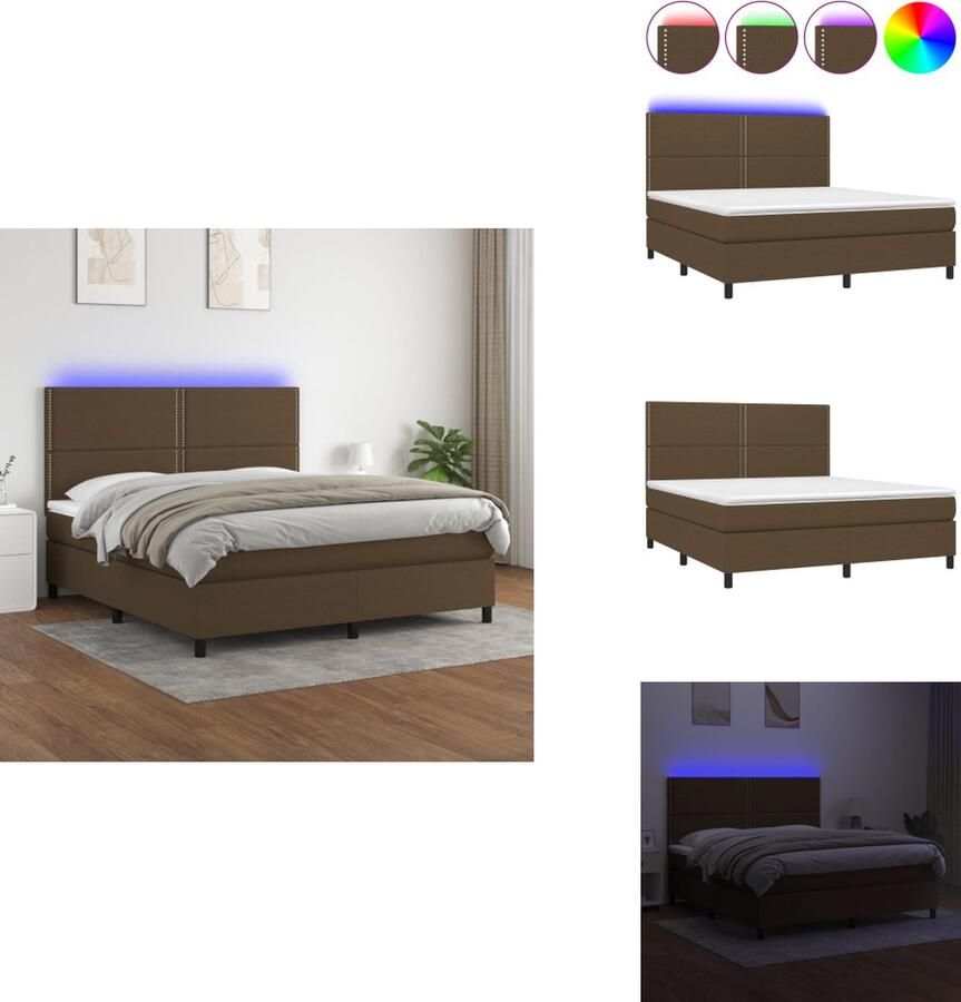 VidaXL Bed Donkerbruin Stof 203x160x118 128 cm Verstelbaar hoofdbord Kleurrijke LED-verlichting Pocketvering matras Huidvriendelijk topmatras Montagehandleiding inbegrepen USB-aansluiting Excl 5 V USB-adapter Bed - Foto 2