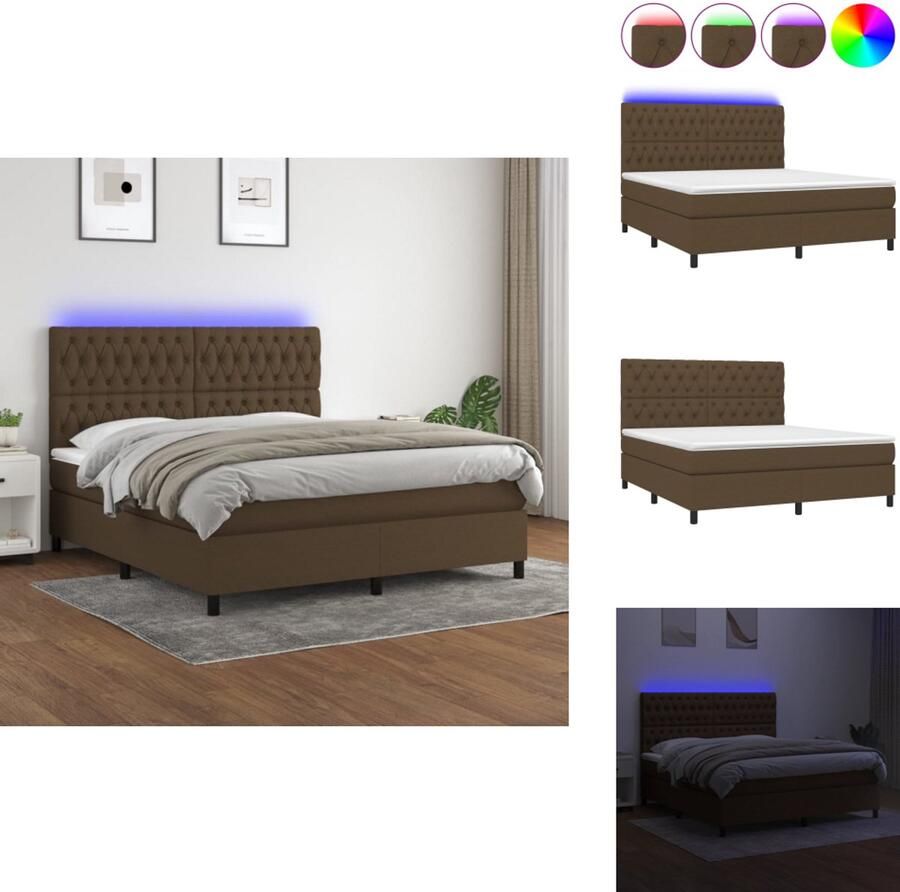 VidaXL Bed Donkerbruin Stof 203x160x118 128 cm Verstelbaar hoofdbord Kleurrijke LED-verlichting Pocketvering matras Huidvriendelijk topmatras Montagehandleiding inbegrepen USB-aansluiting Excl 5 V USB-adapter Bed