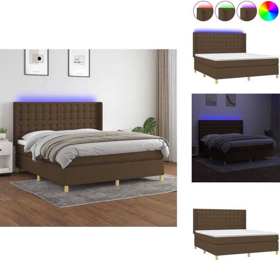 VidaXL Boxspring Donkerbruin 203 x 183 x 118 128 cm Duurzaam materiaal Verstelbaar hoofdbord LED-verlichting Pocketvering matras Huidvriendelijk topmatras Bed - Foto 2