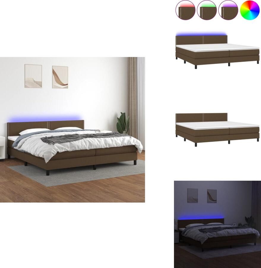 VidaXL Boxspring LED Donkerbruin 203 x 200 x 78 88 cm Verstelbaar hoofdbord Pocketvering matras Duurzaam materiaal Kleurrijke LED-verlichting Huidvriendelijk topmatras Montagehandleiding inbegrepen Bed