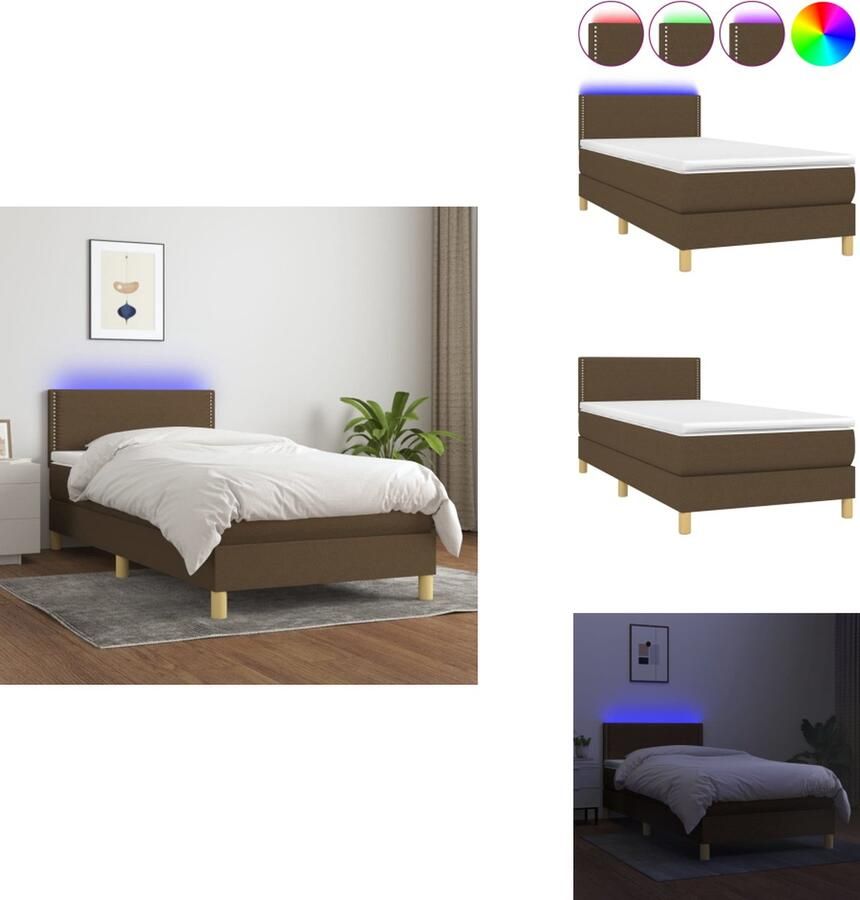 VidaXL Boxspring Matras LED Donkerbruin 193 x 90 x 78 88 cm Verstelbaar hoofdbord Kleurrijke LED-verlichting Pocketvering matras Huidvriendelijk topmatras Montagehandleiding inbegrepen USB-aansluiting Bed