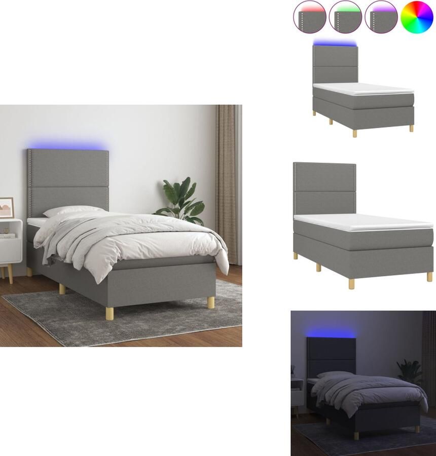 VidaXL Boxspring Bed 203 x 90 x 118 128 cm Duurzaam donkergrijs Verstelbaar hoofdbord Kleurrijke LED-verlichting Pocketvering matras Huidvriendelijk topmatras Met montagehandleiding USB-aansluiting Bed