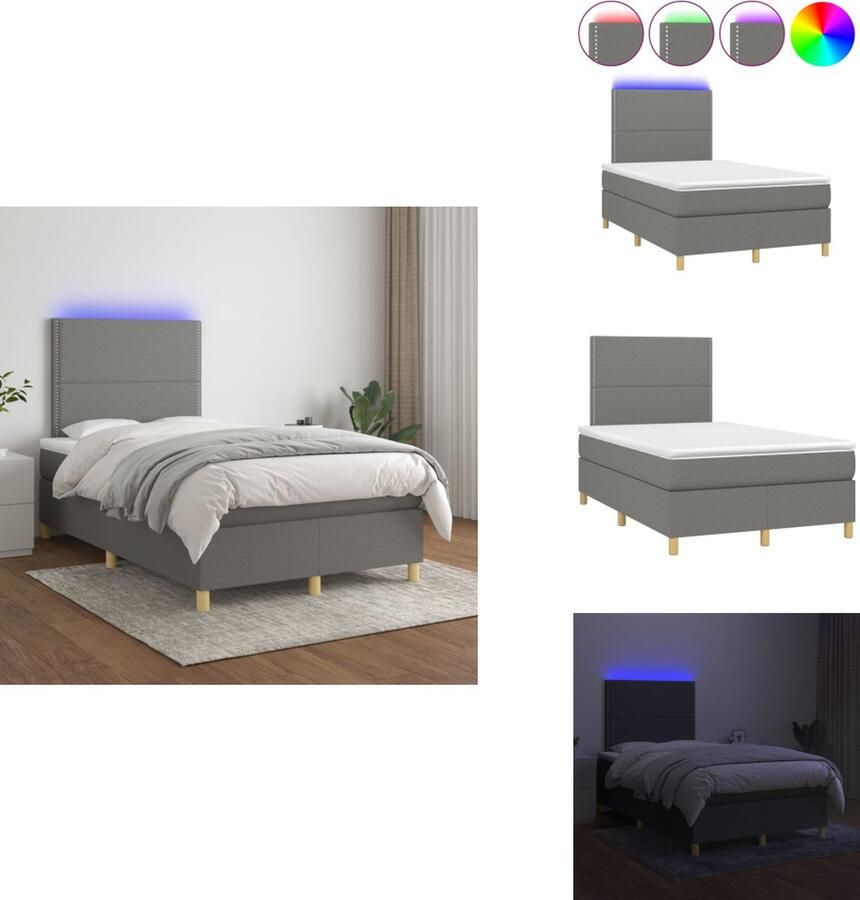 VidaXL Boxspring Donkergrijs 203x120x118 128 cm Verstelbaar hoofdbord Kleurrijke LED-verlichting Pocketvering matras Huidvriendelijk topmatras Met montagehandleiding USB-aansluiting Bed - Foto 1
