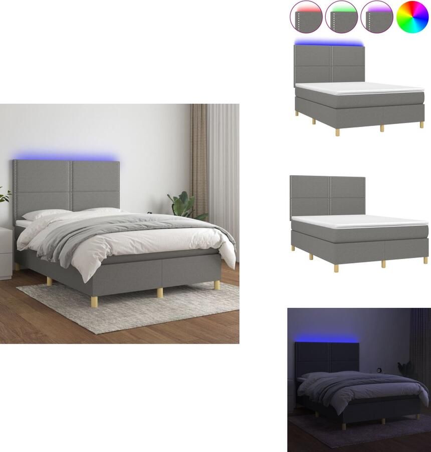 VidaXL Boxspring LED 193 x 144 x 118 128 cm Donkergrijs Stoffen bekleding Verstelbaar hoofdbord Kleurrijke LED-verlichting Pocketvering matras Huidvriendelijk topmatras Inclusief montagehandleiding Met USB-aansluiting Bed