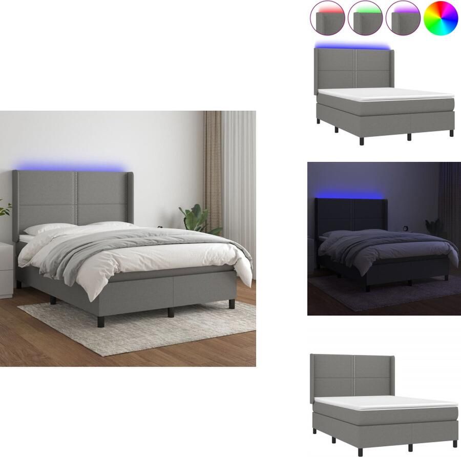VidaXL Bed LED Boxspring 140x200 cm Donkergrijs Pocketvering en schuim Met verstelbaar hoofdbord Met kleurrijke LED-verlichting Inclusief matras en topmatras Huidvriendelijke stoffen hoes Montagehandleiding meegeleverd Bed