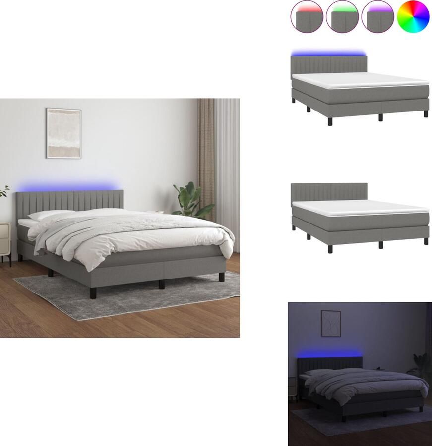 VidaXL Boxspring Bed Donkergrijs 203 x 144 x 78 88 cm verstelbaar hoofdbord met kleurrijke LED-verlichting pocketvering matras huidvriendelijk topmatras inclusief montagehandleiding USB-aansluiting Bed