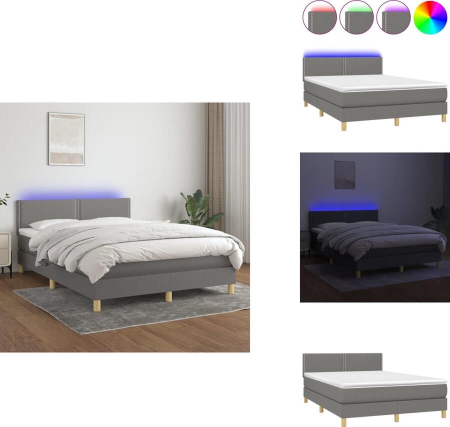 VidaXL Boxspring Slaapkamer 193 x 144 x 78 88 cm LED Donkergrijs Duurzaam Verstelbaar hoofdbord Comfortabele ondersteuning Kleurrijke LED-verlichting Pocketvering matras Huidvriendelijk topmatras Bed - Foto 2