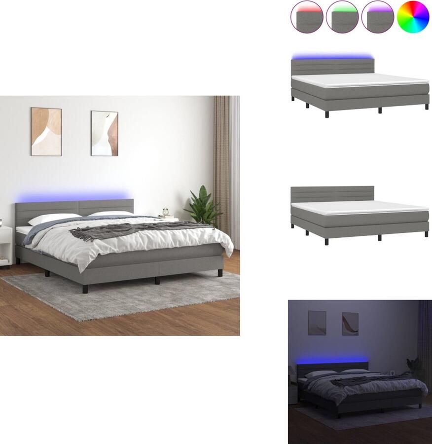 VidaXL Boxspring Donkergrijs 203 x 160 x 78 88 cm Verstelbaar hoofdbord LED pocketvering huidvriendelijk Inclusief matras en topmatras Bed