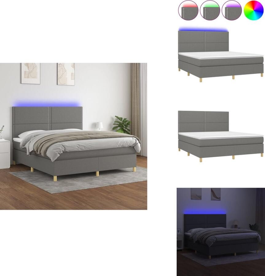 VidaXL Bed Boxspring LED 203 x 183 cm Donkergrijs Pocketvering matras 180 x 200 cm Huidvriendelijk topmatras 180 x 200 cm Kleurrijke LED-verlichting Duurzaam materiaal Bed - Foto 2