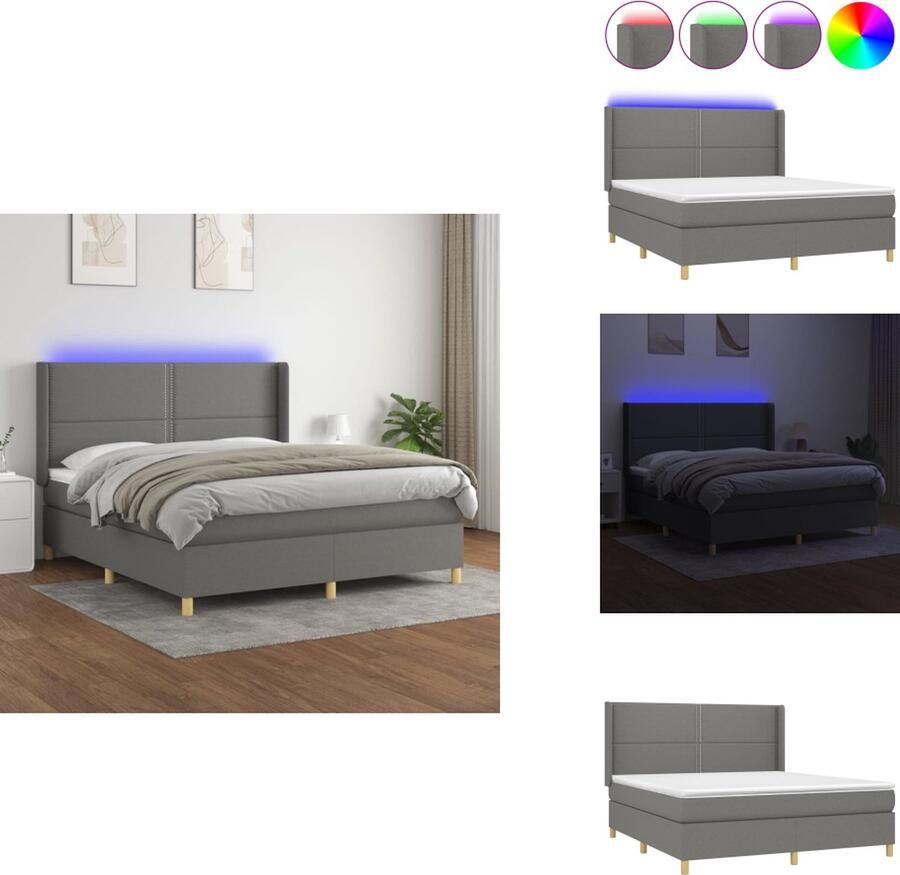 VidaXL Bed Boxspring LED 203 x 183 cm Donkergrijs Pocketvering matras 180 x 200 cm Huidvriendelijk topmatras 180 x 200 cm Kleurrijke LED-verlichting Duurzaam materiaal Bed