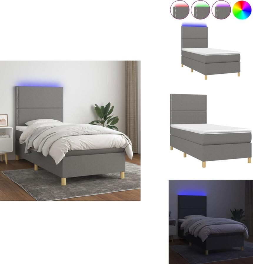 VidaXL Boxspring Bed Donkergrijs 193 x 90 x 118 128 cm Met verstelbaar hoofdbord en kleurrijke LED-verlichting Pocketvering matras en huidvriendelijke topmatras Inclusief montagehandleiding Bed