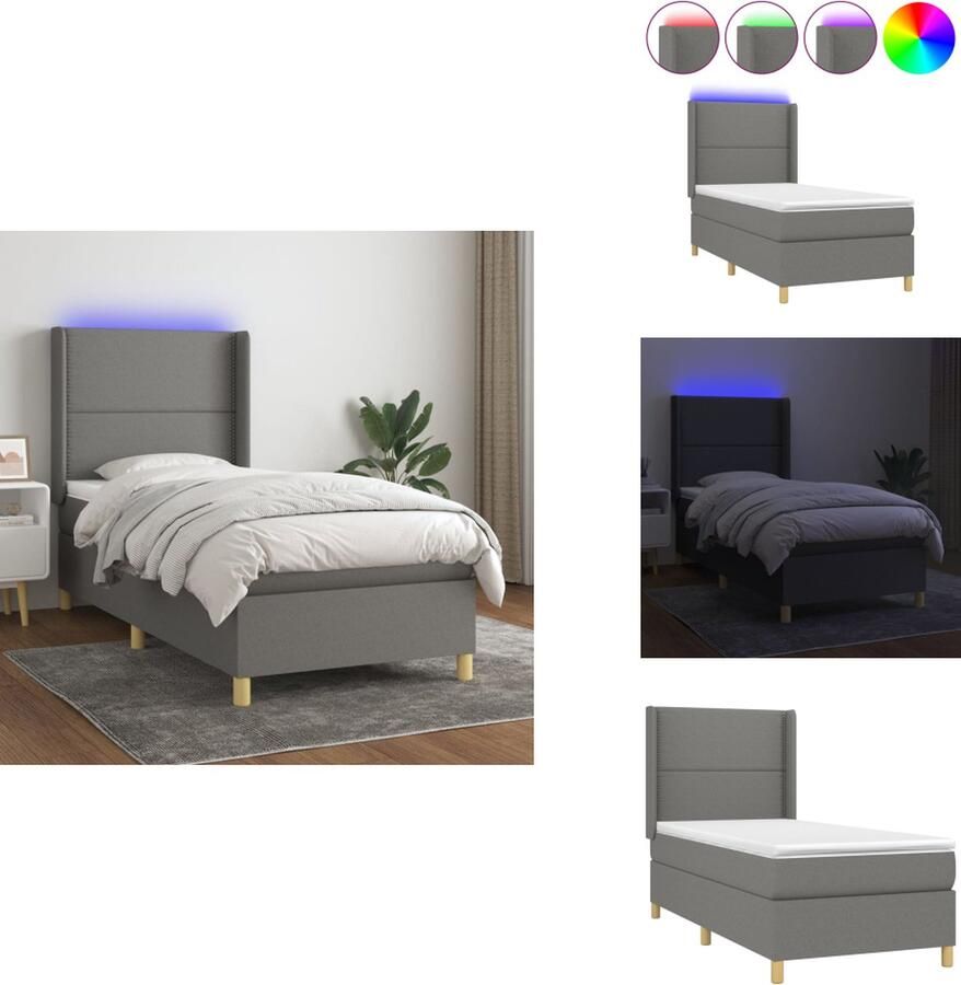 VidaXL Boxspring Bed Donkergrijs 203 x 93 x 118 128 cm Verstelbaar hoofdbord Kleurrijke LED-verlichting Pocketvering matras Huidvriendelijk topmatras Inclusief montagehandleiding Bed