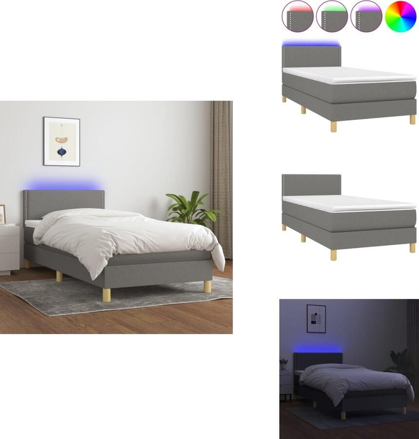 VidaXL Boxspring donkergrijs 203x90x78 88 cm LED pocketvering matras huidvriendelijk topmatras met montagehandleiding USB-aansluiting Bed